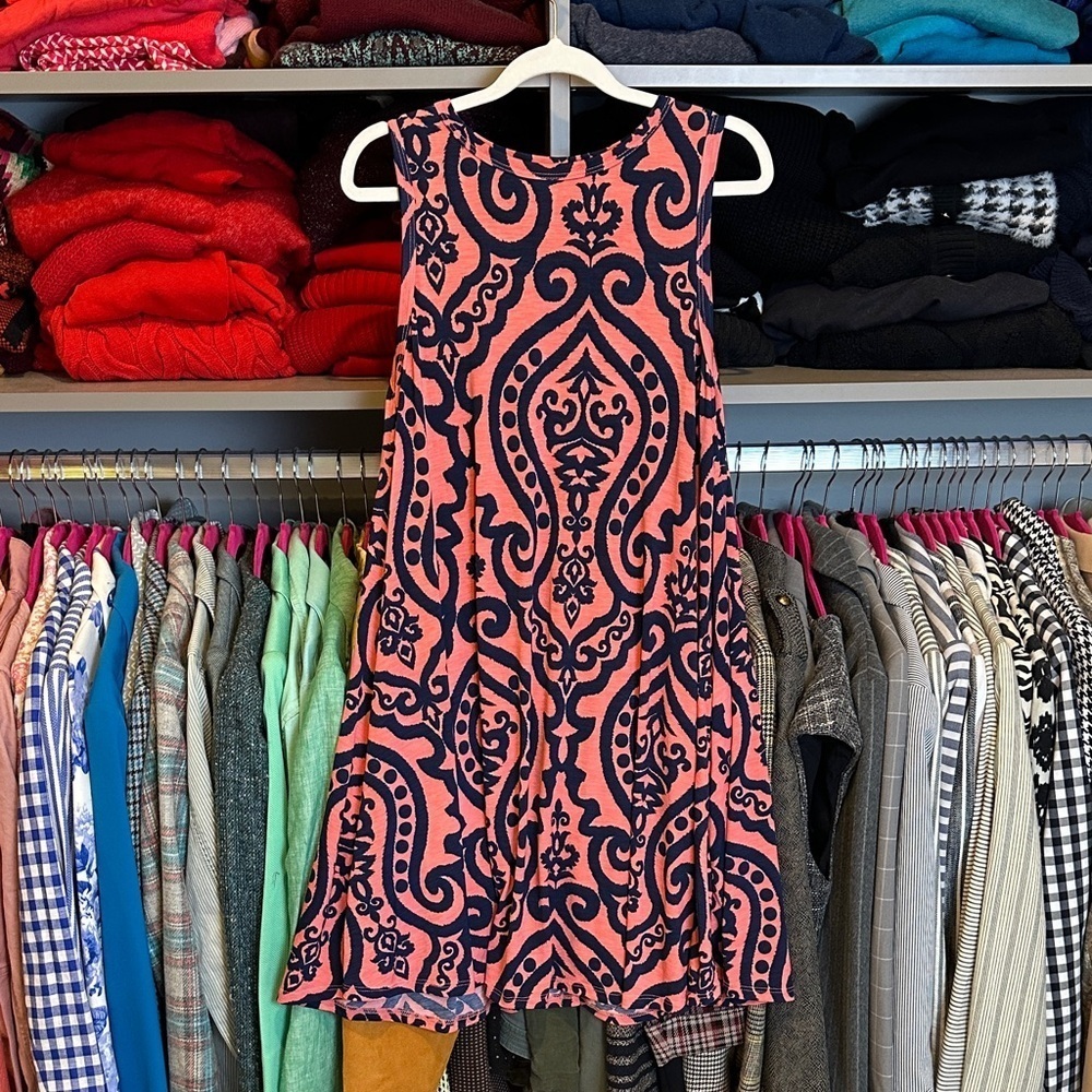 Bellamie pink/navy print sleeveless 2 pocket dress size S